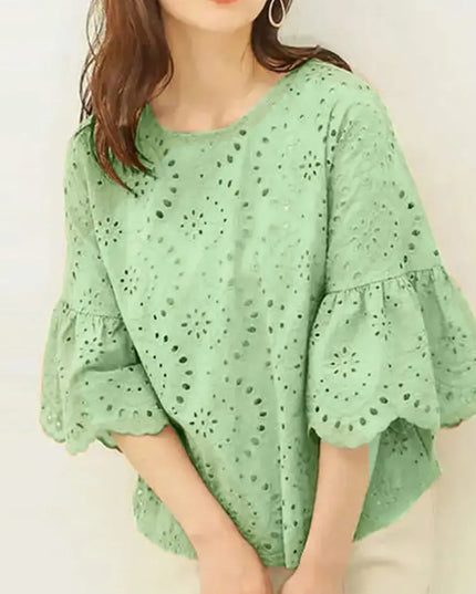 ZANZEA Women's Casual Loose Blouse with Hollow Out Lace Crochet Embroidery