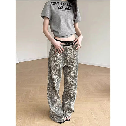 Women High Waist Leopard Printed   Wide Leg Denim Pants  Loose