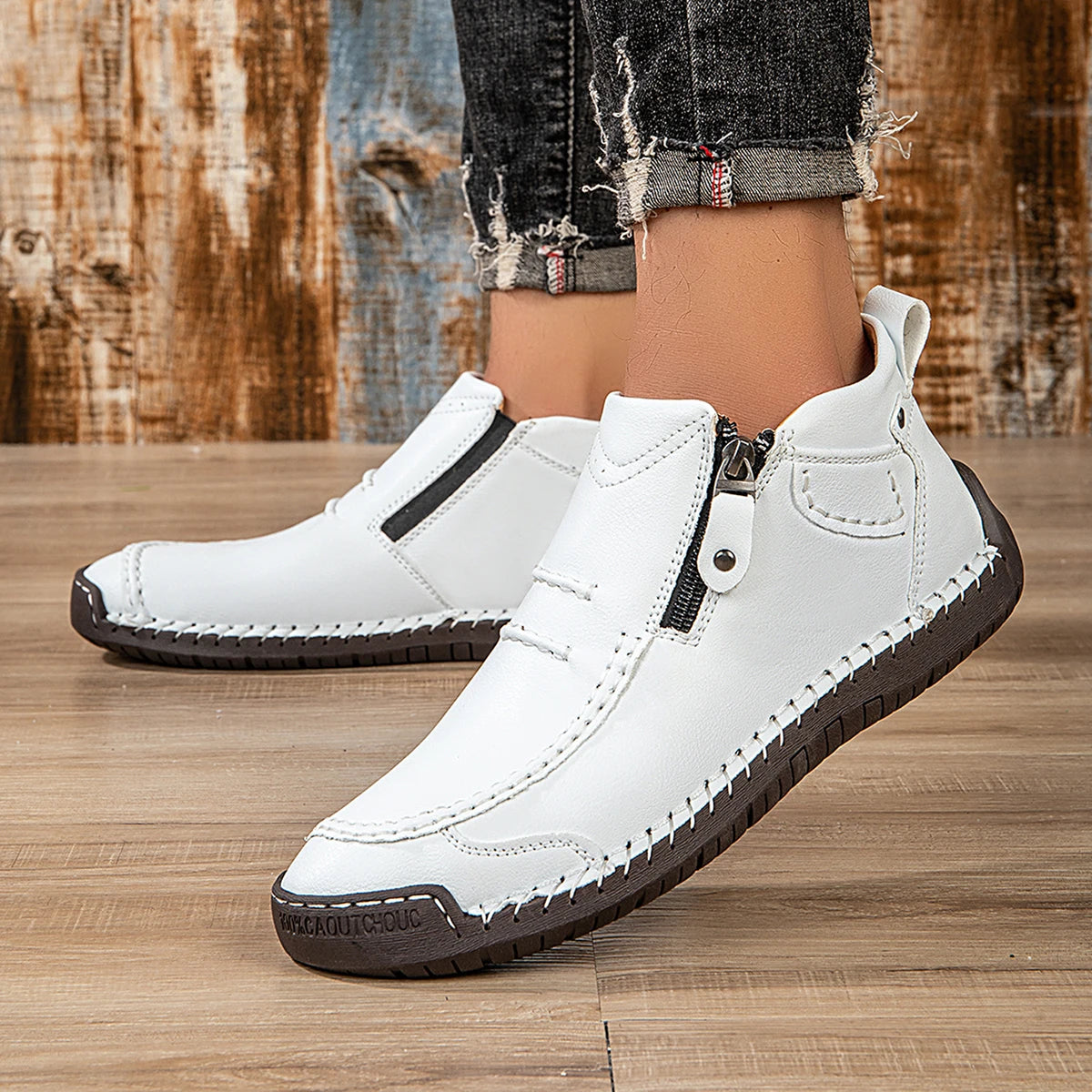 Classic Handmade Leather Men's Shoes with Zipper Design Outdoor Sneakers Casual Flat Shoes Men Work Shoes Ankle Boots