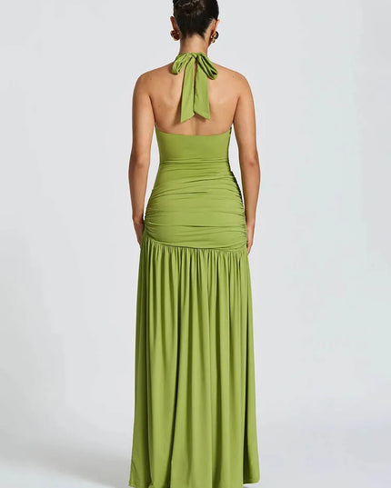 Elegant Two Piece Backless Maxi Dress for Women - Halter Neck, Ruched Design, Side Split Evening Gown