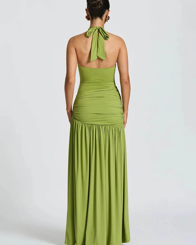 Elegant Two Piece Backless Maxi Dress for Women - Halter Neck, Ruched Design, Side Split Evening Gown
