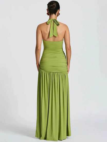 Elegant Two Piece Backless Maxi Dress for Women - Halter Neck, Ruched Design, Side Split Evening Gown