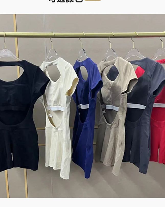 Women's Padded Short Sleeve One-Piece Jumpsuit - Quick-Dry, Backless Sports Suit for Active Fitness