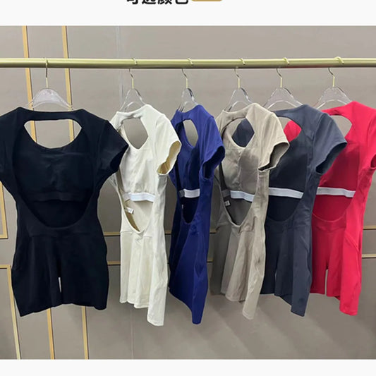 Women's Padded Short Sleeve One-Piece Jumpsuit - Quick-Dry, Backless Sports Suit for Active Fitness
