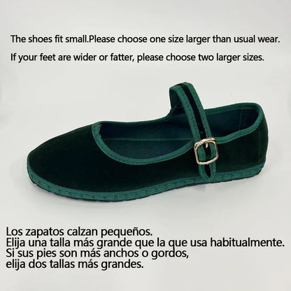 Velvet Mary Jane Flats for Women - Hand-Stitched Casual Shoes