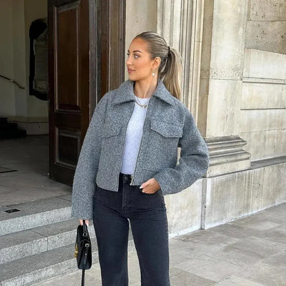 omen's Long Sleeve Woolen Zipper Jacket with Pockets