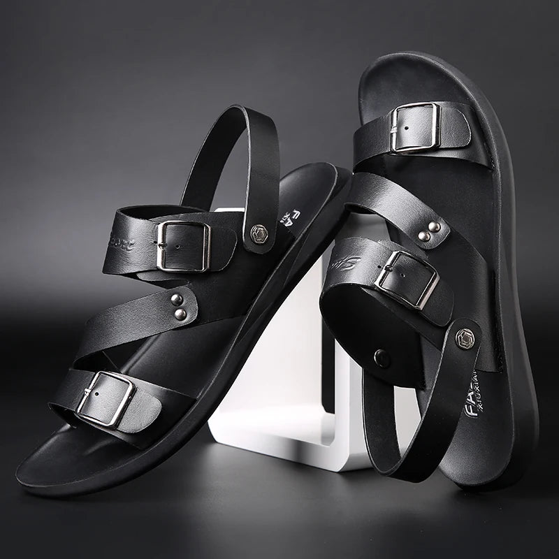 Men's Casual Faux Leather Sandals - Non-Slip, Breathable Roman Slippers