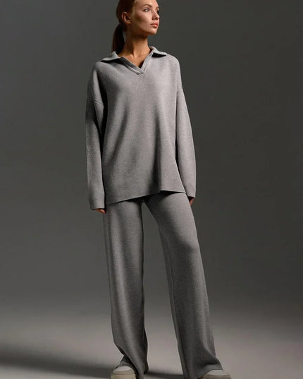 Women's Thick Knitted 2 Piece Set: Soft Polo Neck Sweater & Wide Leg Pants