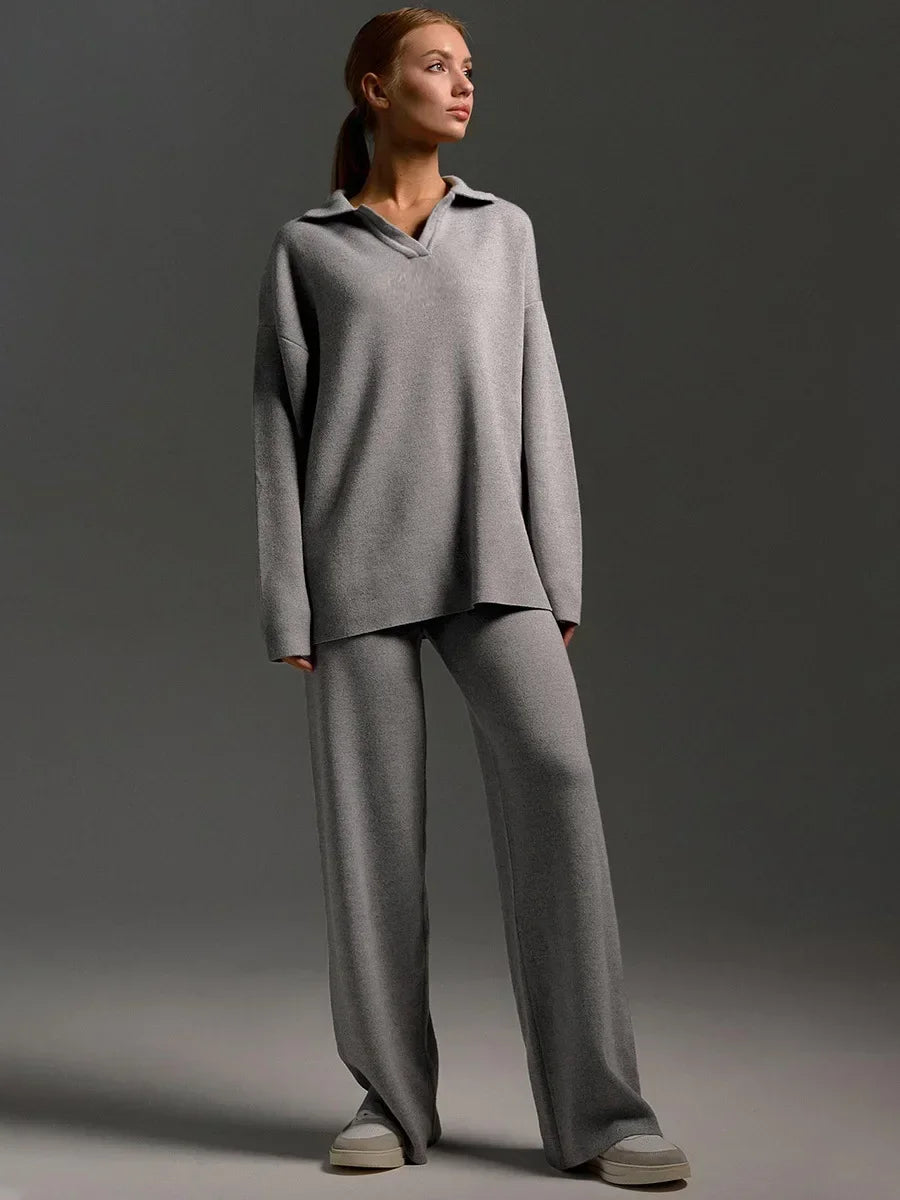 Women's Thick Knitted 2 Piece Set: Soft Polo Neck Sweater & Wide Leg Pants