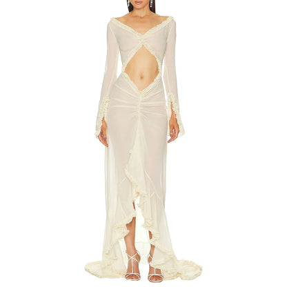 Women's Long Sleeve V-Neck Mesh Dress