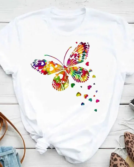 Women's Short Sleeve Round Neck T-Shirt with Colorful Butterfly Petal Print