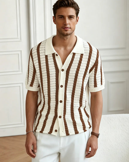 Men's Short Sleeve Striped Knit Polo Shirt - Button-Down Mesh Fabric