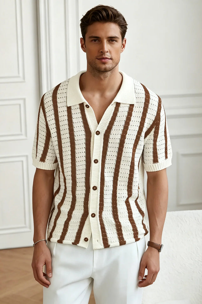 Men's Short Sleeve Striped Knit Polo Shirt - Button-Down Mesh Fabric