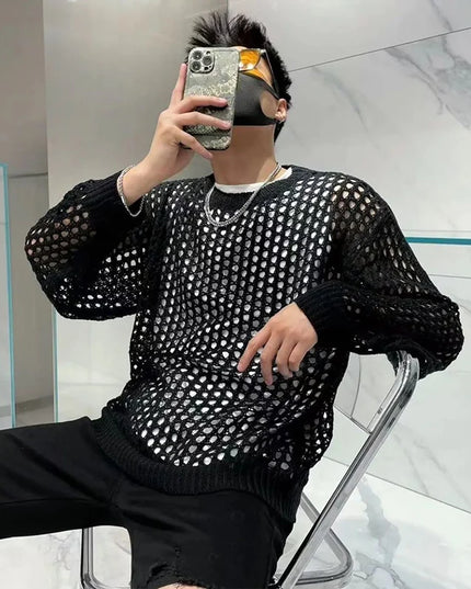 Vintage Men’s Loose-Knit Sweater with Hollow-Out Details