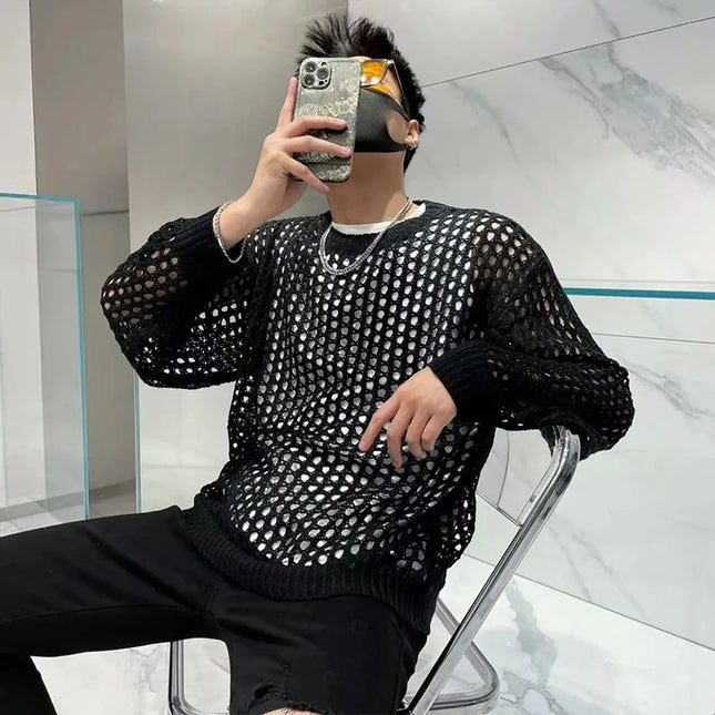 Vintage Men’s Loose-Knit Sweater with Hollow-Out Details