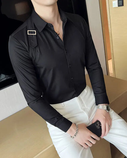 Strap-Detail Long Sleeve Slim Fit Casual Shirt For Men
