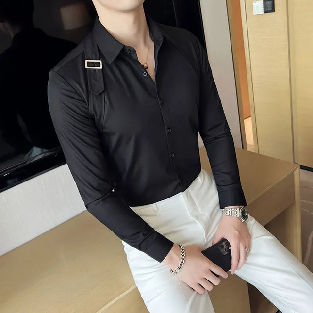 Strap-Detail Long Sleeve Slim Fit Casual Shirt For Men
