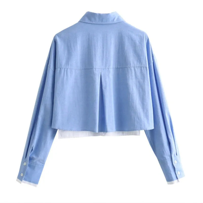 Women's Crop Blouse Shirt with Lapel, Long Sleeves, and Pocket