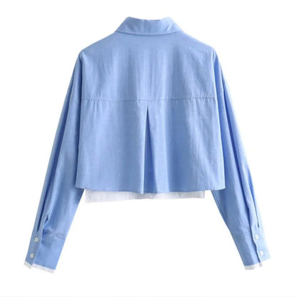 Women's Crop Blouse Shirt with Lapel, Long Sleeves, and Pocket
