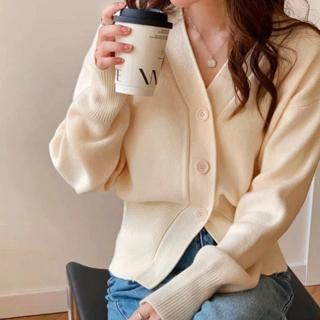 Women's Knitted V-Neck Cardigans with Slim Fit & Button Design