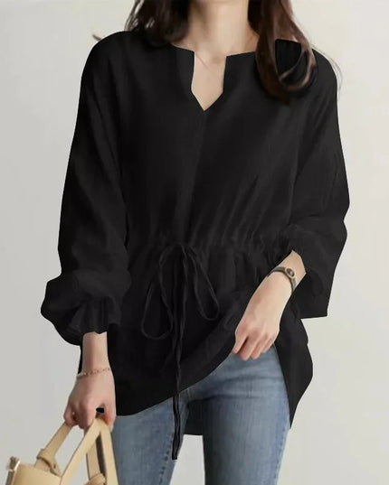 Women's Long Sleeve Blouse with U-Neck, Drawstring Waist