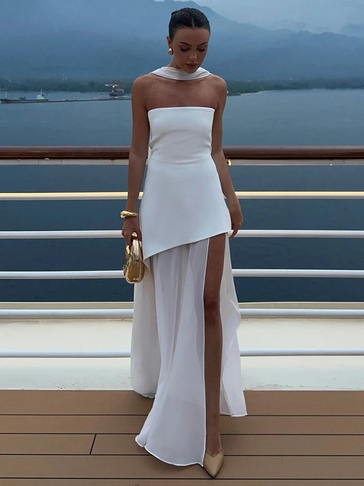 Elegant Strapless Maxi Dress for Women with Scarf - Off-Shoulder