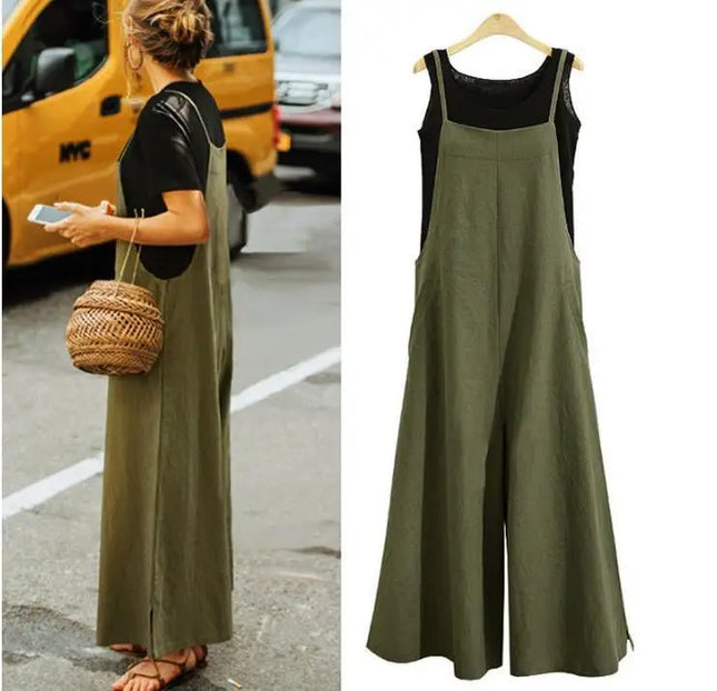 Women’s Wide-Leg Dungaree Pants with Strap - Casual and Loose Fit