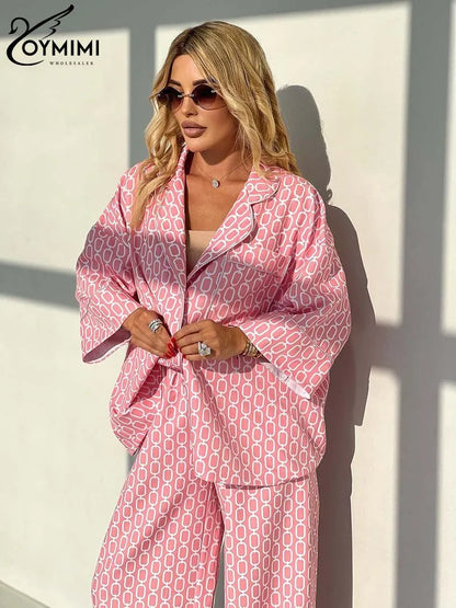 Oymimi Women's Pink 2-Piece Set: Loose Fit Three-Quarter Sleeve Shirt & Straight Trousers