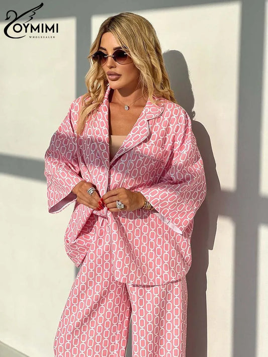 Oymimi Women's Pink 2-Piece Set: Loose Fit Three-Quarter Sleeve Shirt & Straight Trousers