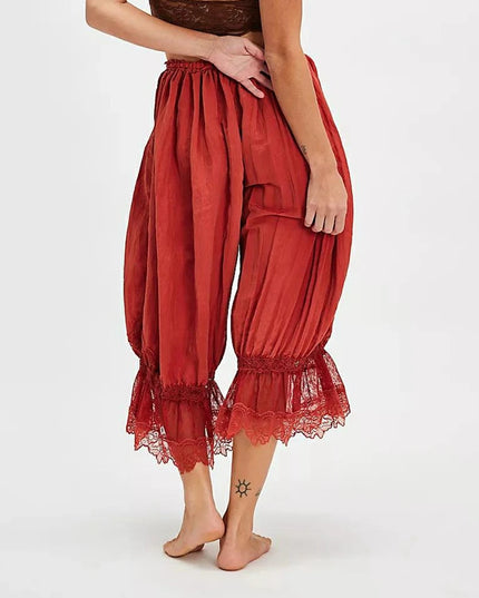 Women's Floral Lace Loose Fit Cropped Pants - High Waist Drawstring Calf-Length Lantern Bloomers