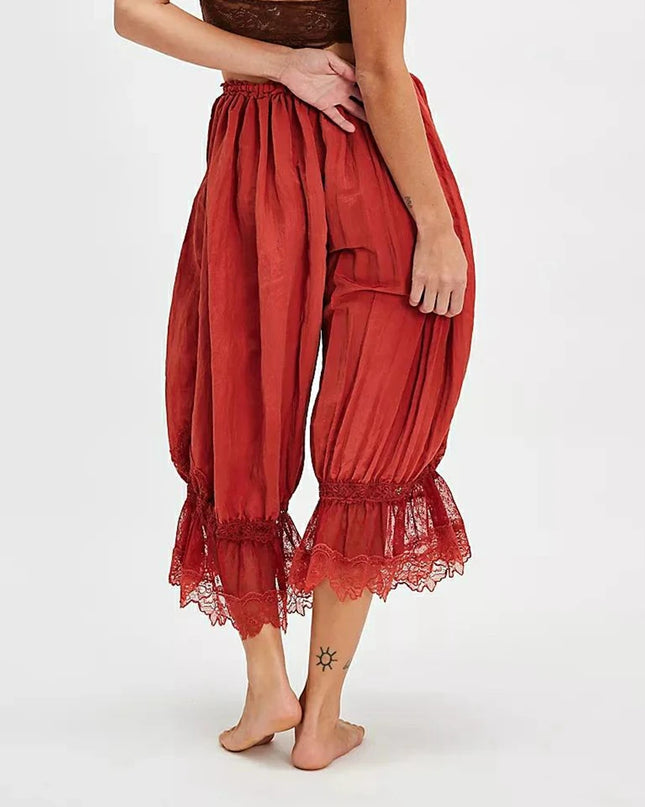 Women's Floral Lace Loose Fit Cropped Pants - High Waist Drawstring Calf-Length Lantern Bloomers