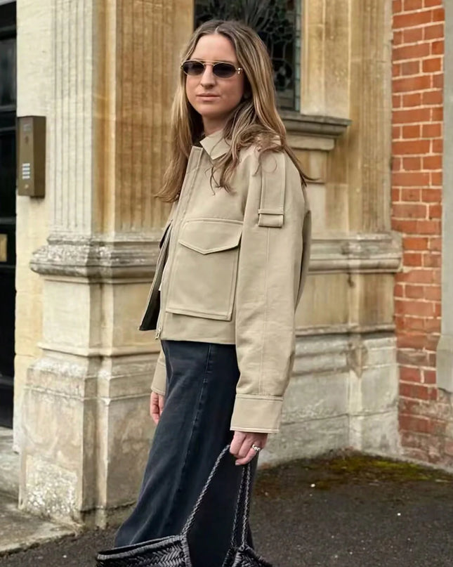 Women's Long Sleeve Casual Jacket with Front Zip Pockets
