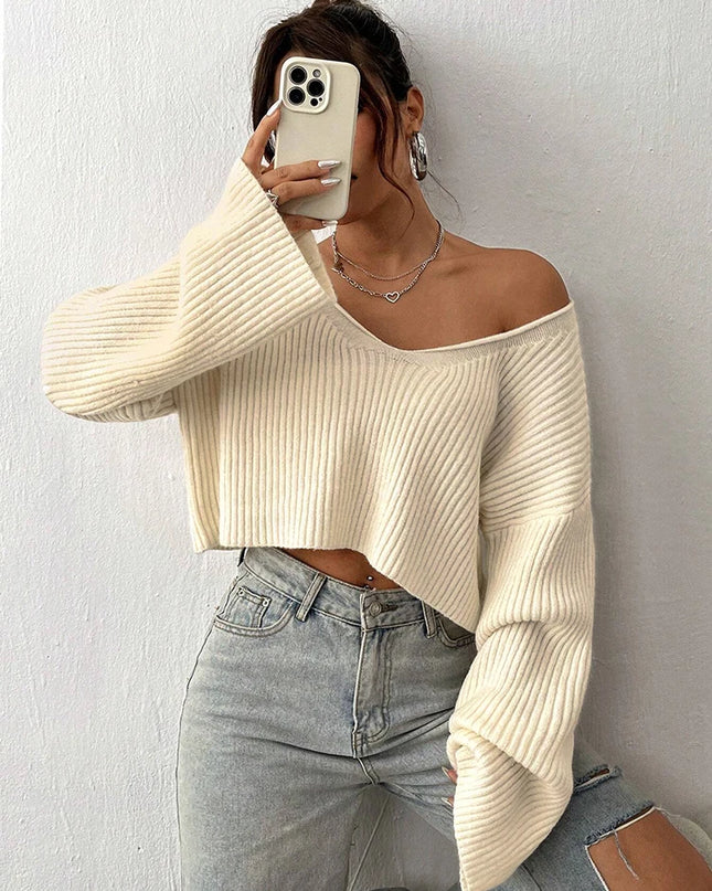 Women's V-Neck Knitted Stiped Sweater with Loose Fit