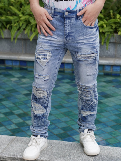 Men's Wide Leg Jeans with Distressed and Patched Design