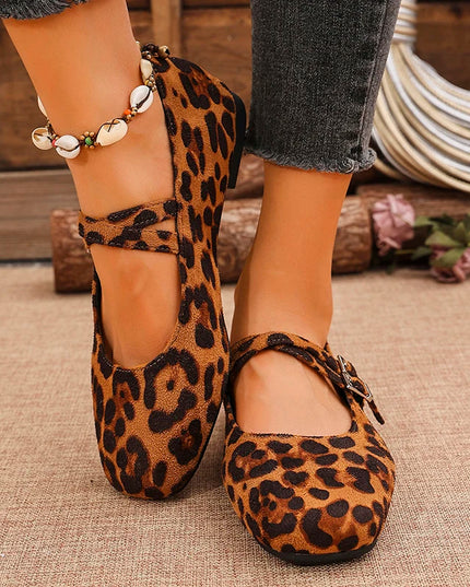 Double Buckle Women’s Square Toe Mary Jane Flats in Faux Suede