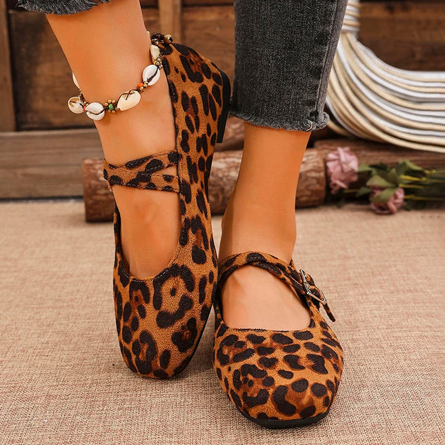 Double Buckle Women’s Square Toe Mary Jane Flats in Faux Suede