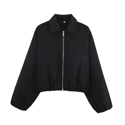 Women's Short Zipper Jacket with Long Sleeves, Casual Style, Elastic Hem