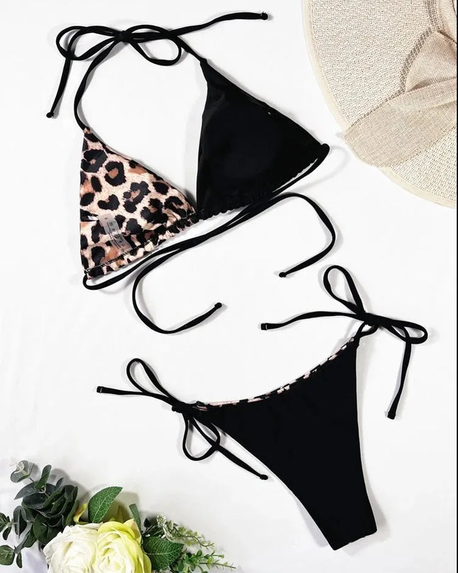 Women's Leopard Print Contrast Bikini Set with Lace-Up Design