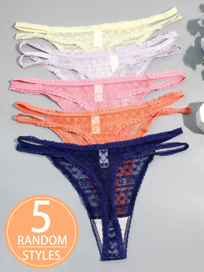 5-Pack Women's Lace Double-Layer Thin Strap Full Lace Thong Underwear