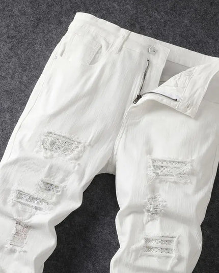 Men's Skinny Elastic Ripped Hole Denim Jeans