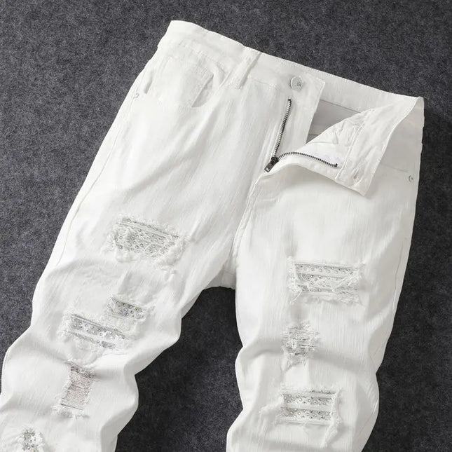Men's Skinny Elastic Ripped Hole Denim Jeans
