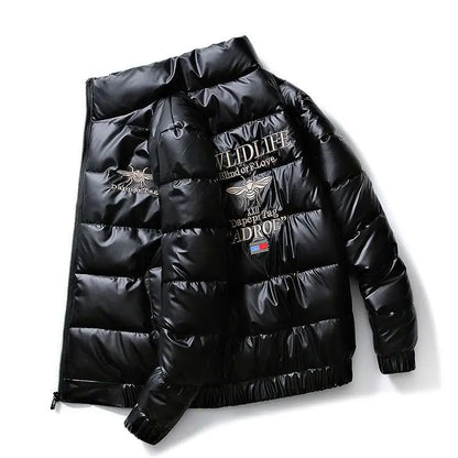 Men's Glossy Thickened Parka Jacket with Stand Collar