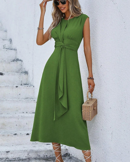 Women's Elegant Belted Midi Dress with Thin Front Straps