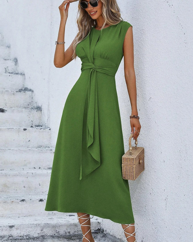 Women's Elegant Belted Midi Dress with Thin Front Straps
