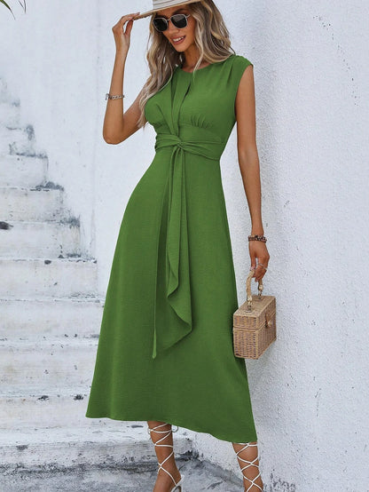 Women's Elegant Belted Midi Dress with Thin Front Straps