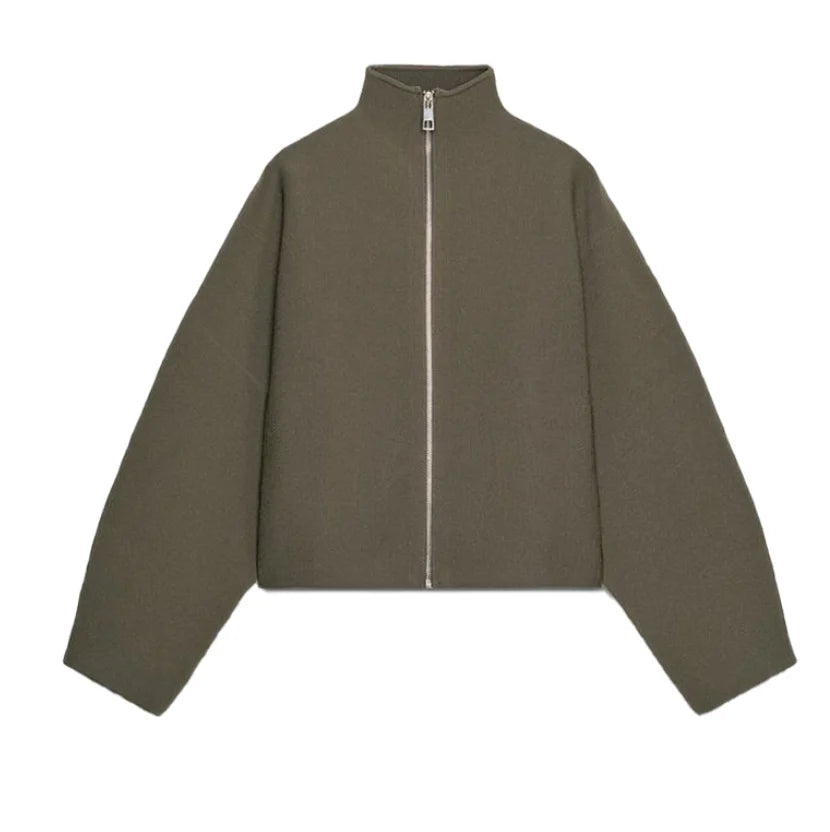 Chin Sweety Women's Knitted Cropped Jacket with Stand Collar - Loose Fit