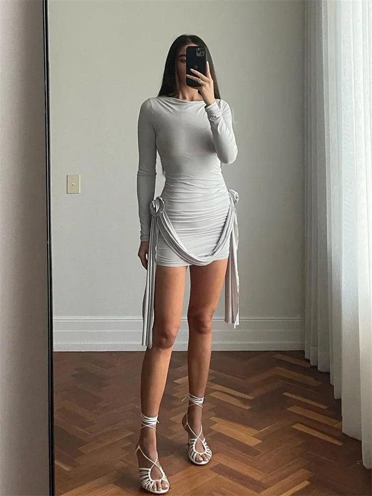 Floral Design Pleated Mini Dress with Long Sleeves for Women