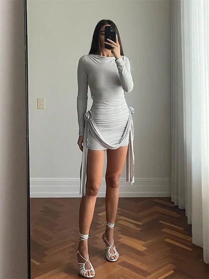 Floral Design Pleated Mini Dress with Long Sleeves for Women