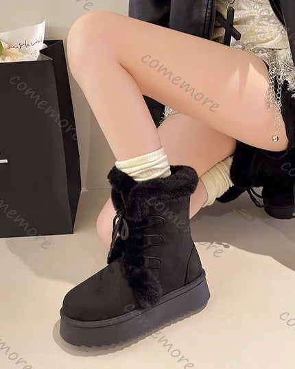 Women's Warm Fur-Lined Lace-Up Fluffy Plush Ankle Boots with Cotton Padding