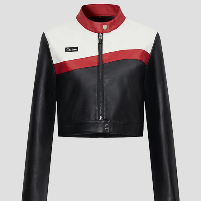 Women's Faux PU Leather Motorcycle Jacket with Zipper